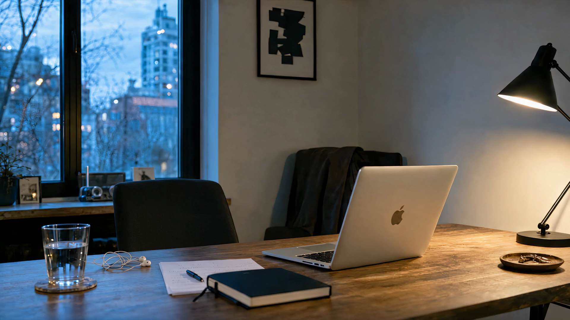 An empty dusk desk and an open Mac, waiting for the next dictation.